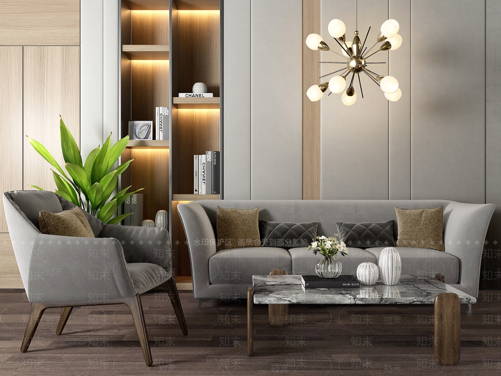 现代三人沙发单人沙发茶几吊灯绿植组合3D模型下载【ID:132797073】