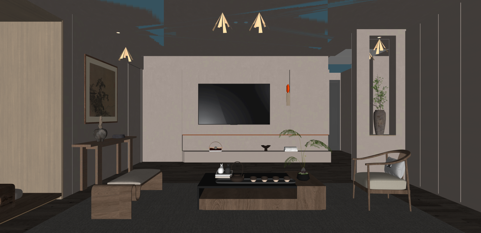 新中式家居客厅SU模型下载【ID:1215996142】
