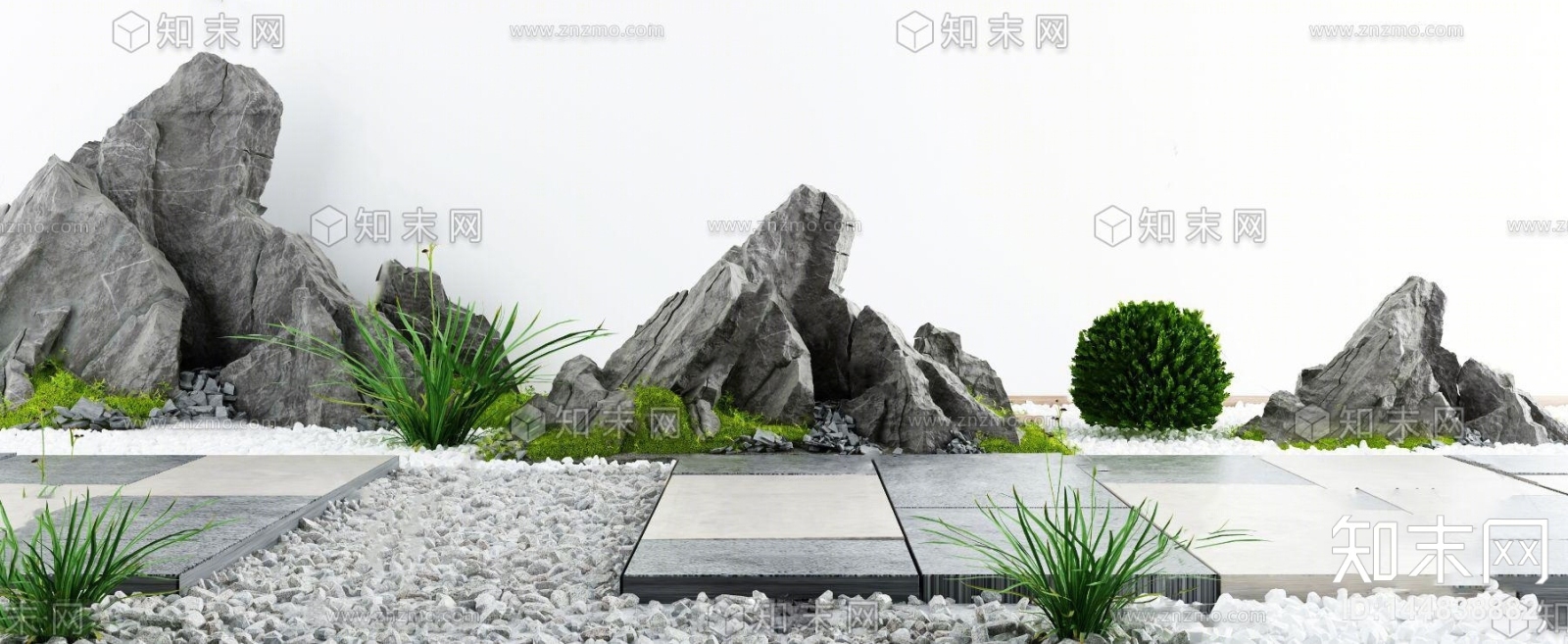 中式假山绿植碎石园艺小品3D模型下载【ID:144870805】