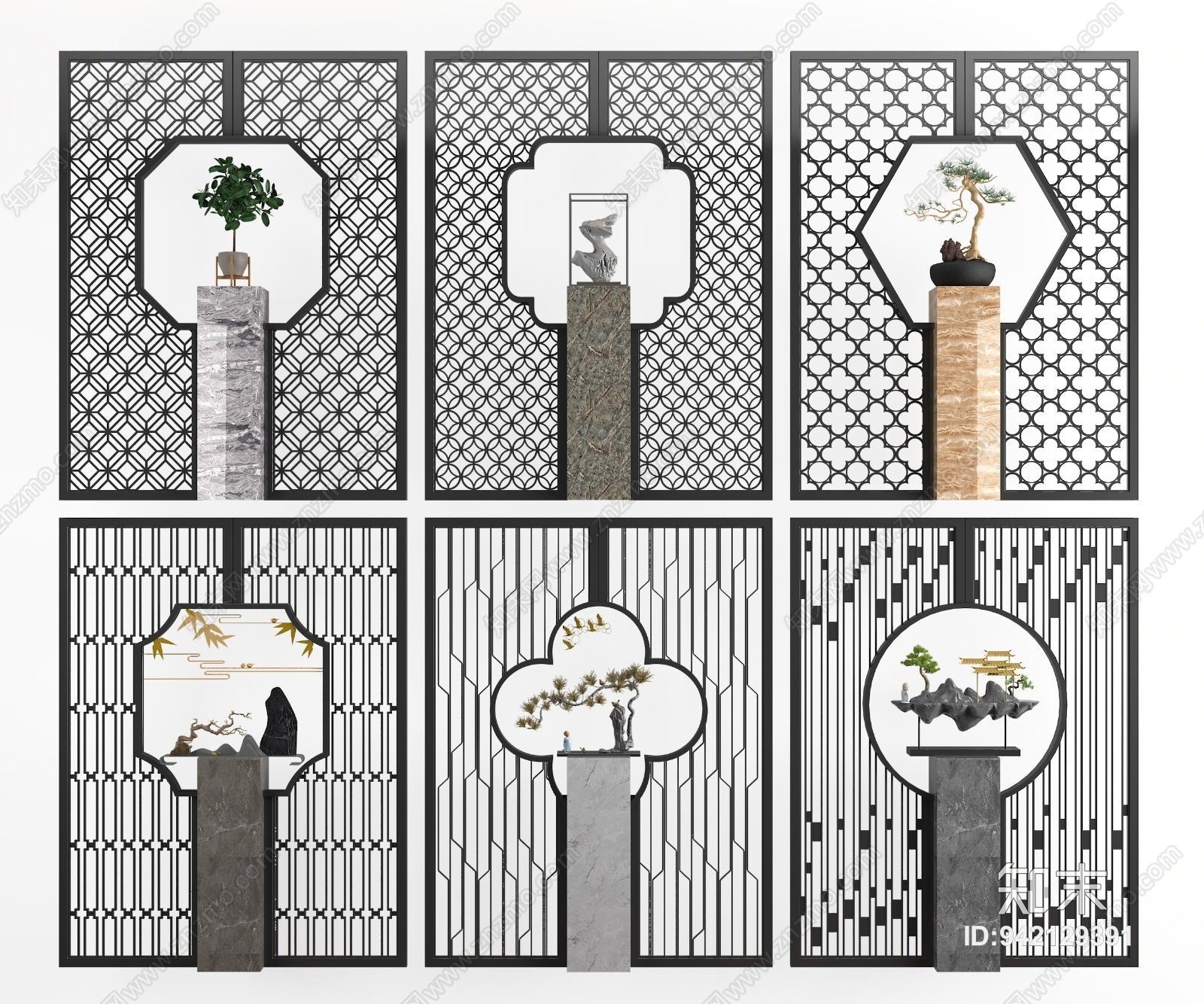 新中式花格摆件隔断屏风墙饰石头盆栽3D模型下载【ID:942129391】