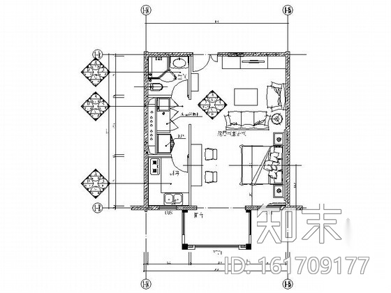 [北京]某花园小区现代一居室室内装修施工图（含效果）施工图下载【ID:161709177】