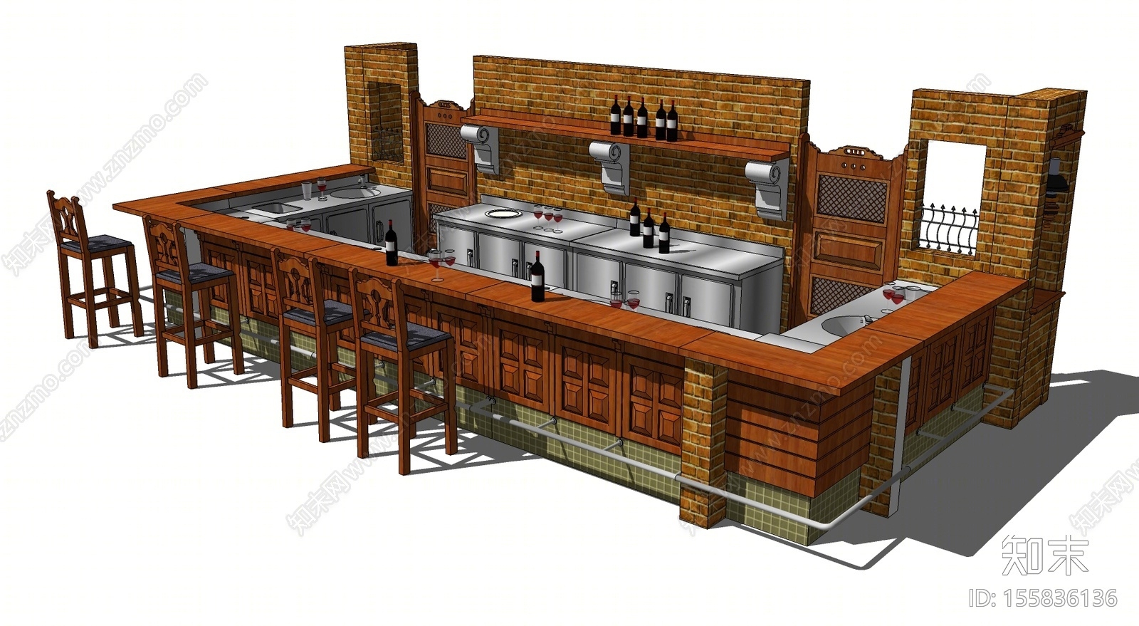 工业风酒吧吧台开放式吧台吧台椅SU模型下载【ID:155836136】