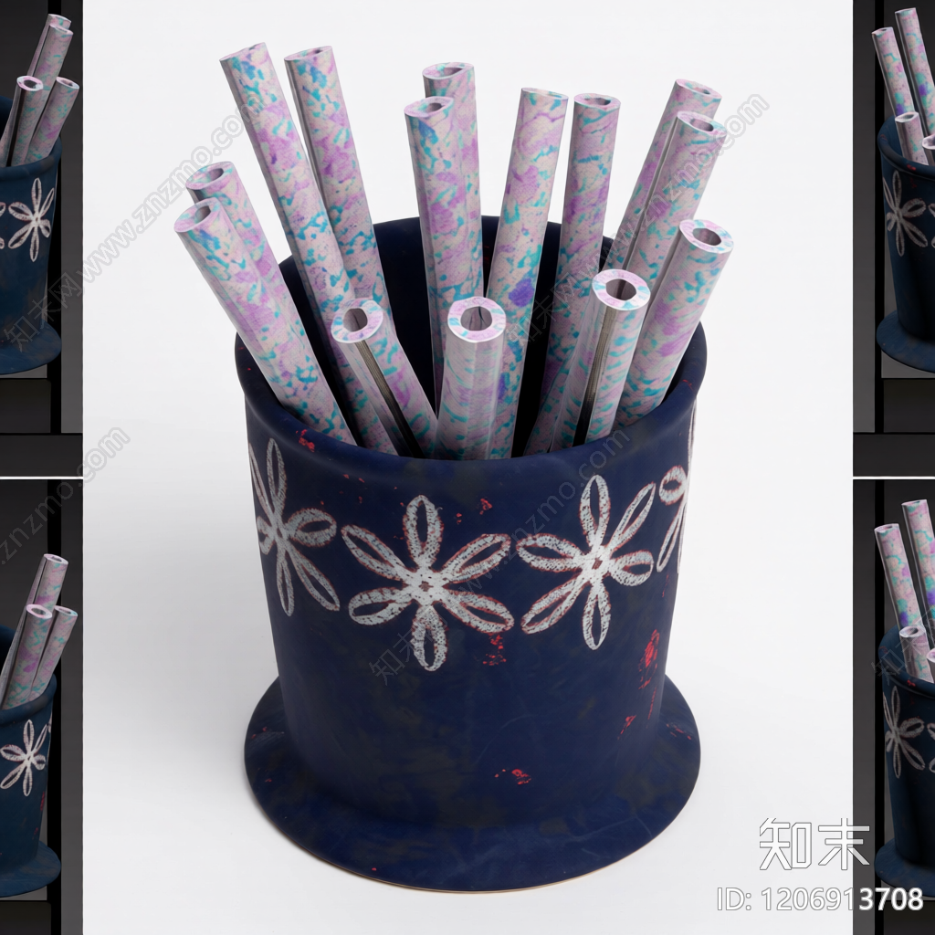 花纹笔筒含笔3D模型下载【ID:1206913708】
