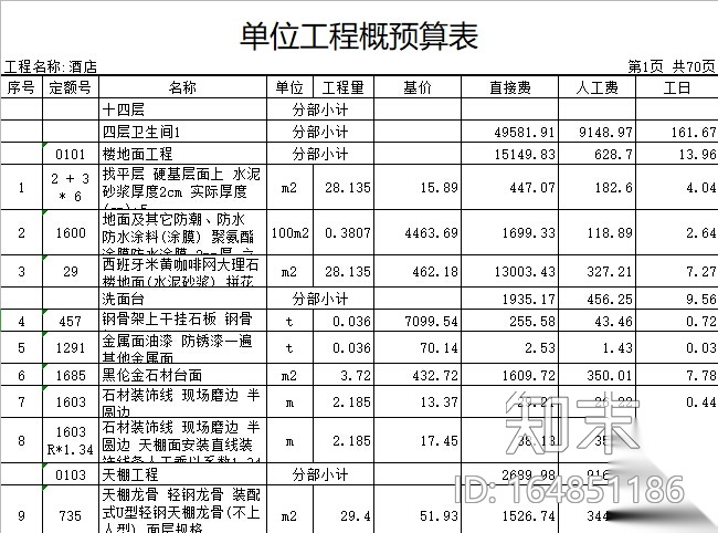 工装预算模板--酒店宾馆装修预算清单（14套）施工图下载【ID:164851186】