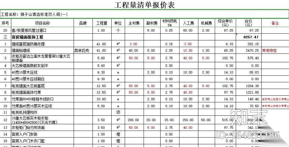 工装预算模板--酒店宾馆装修预算清单（14套）施工图下载【ID:164851186】