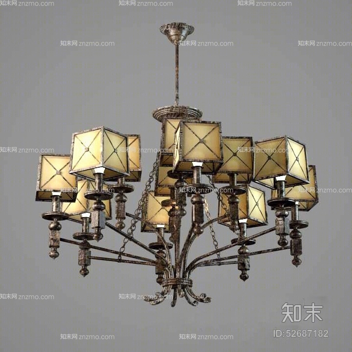美式简约黑色铁艺吊灯3D模型下载【ID:52687182】