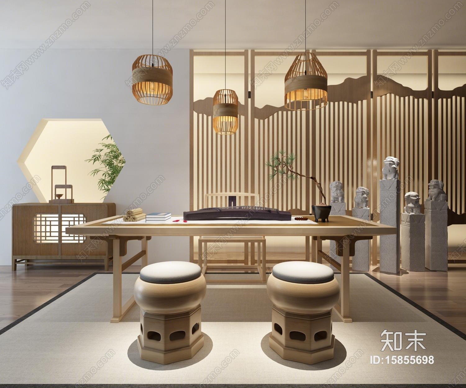 新中式书桌书椅吊灯组合3D模型下载【ID:15855698】
