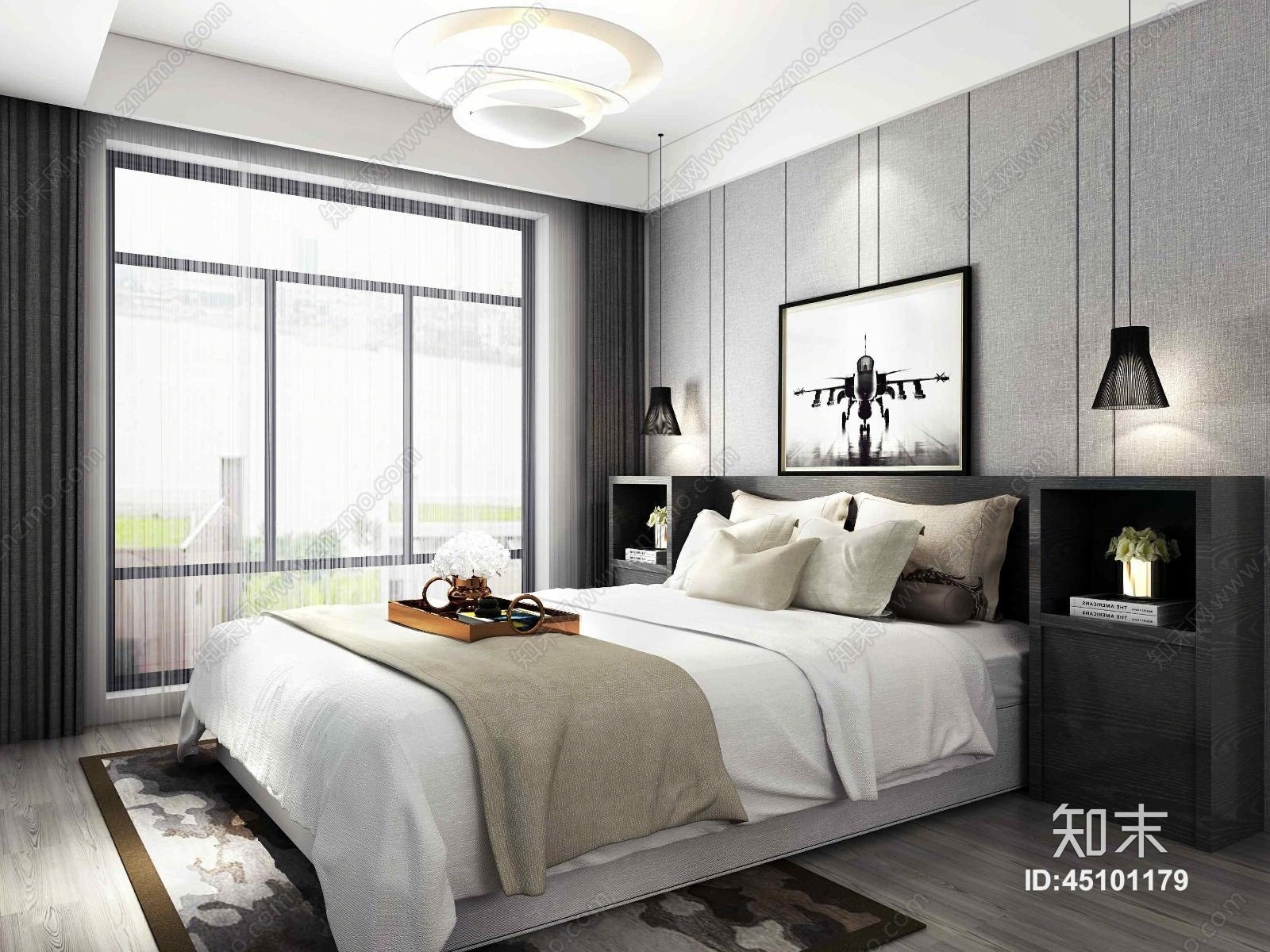 现代主卧次卧兼书房3D模型下载【ID:45101179】
