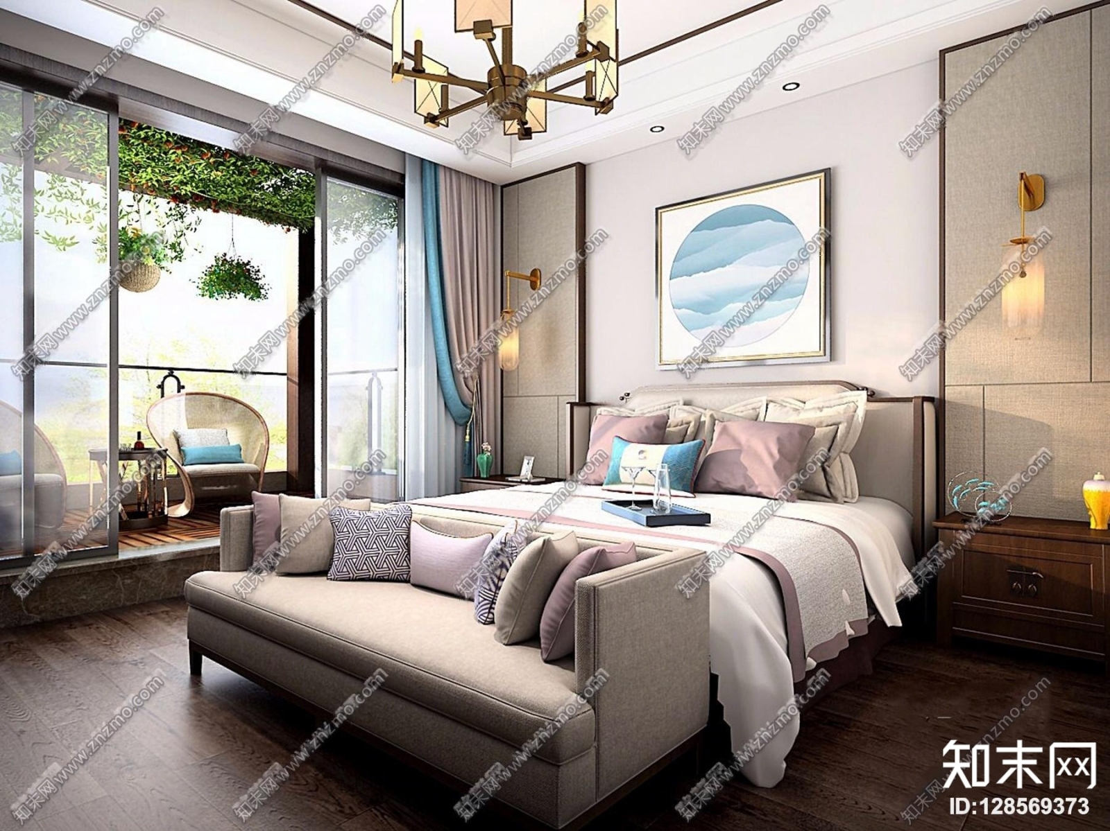 新中式卧室主人房衣帽间3D模型下载【ID:128569373】