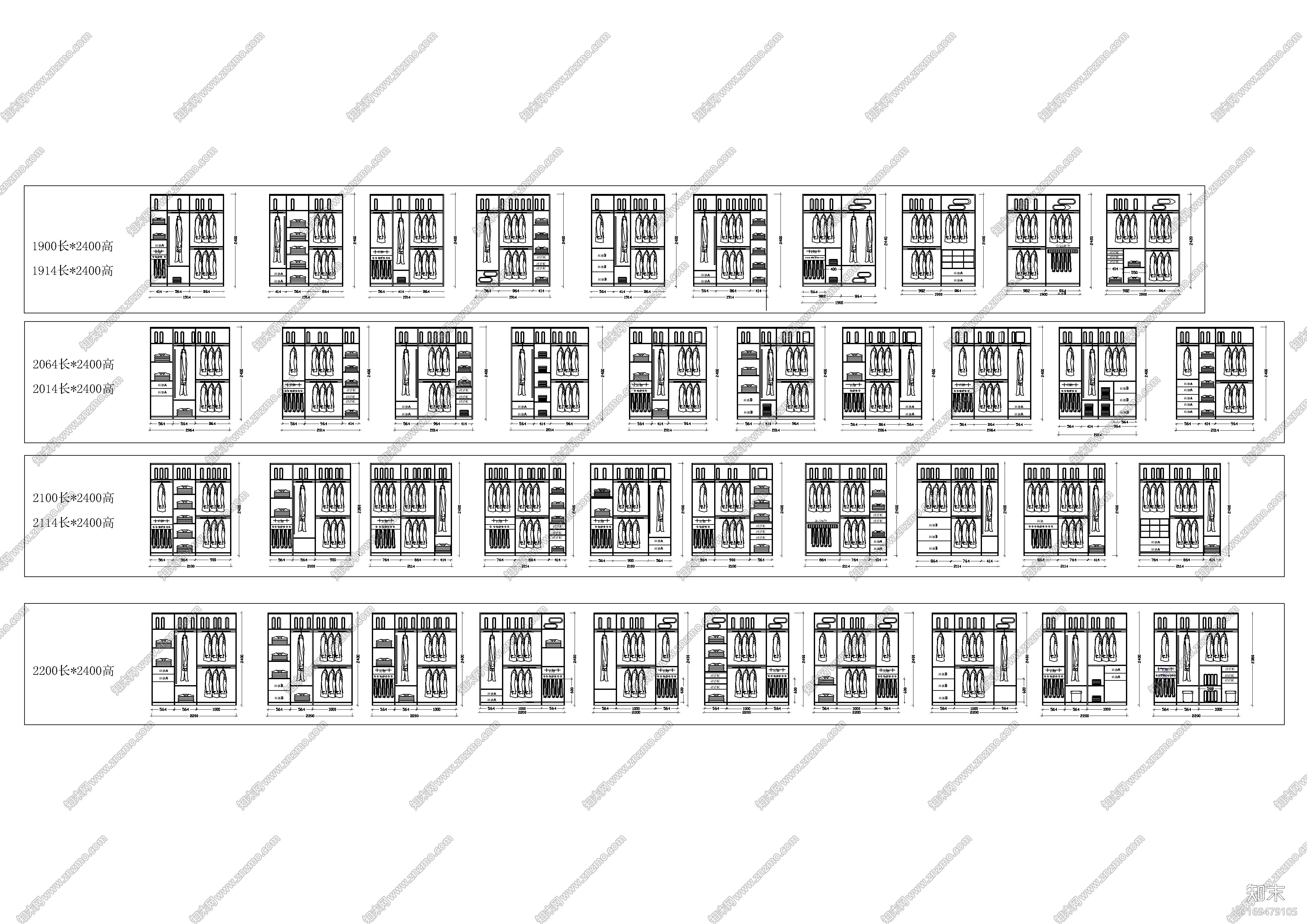 衣柜和衣帽间柜子立面结构|CAD施工图cad施工图下载【ID:169479105】