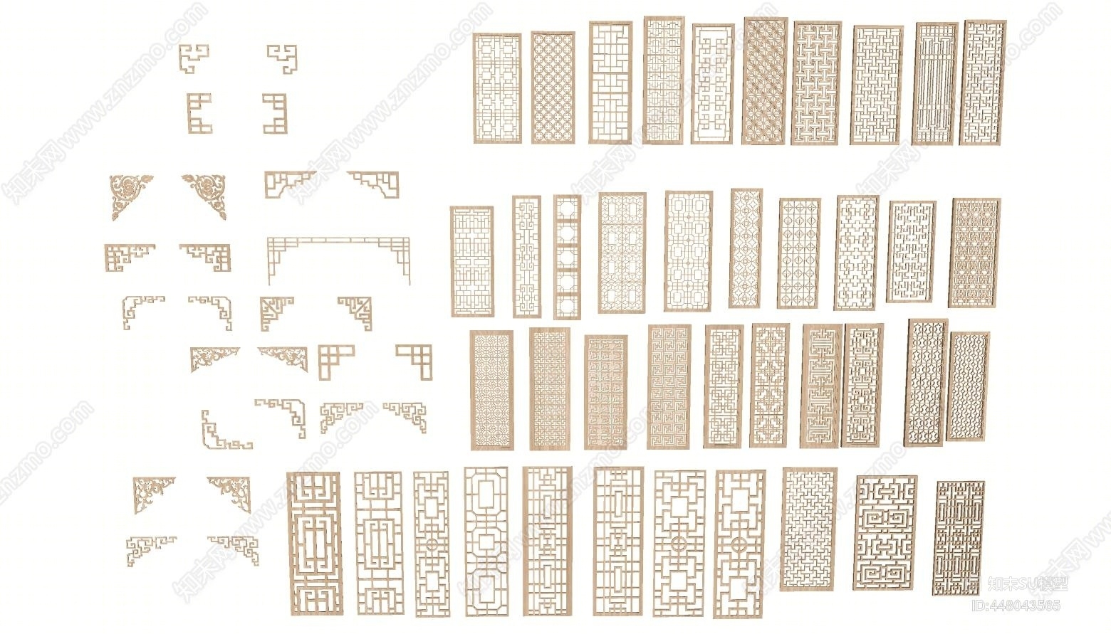 新中式实木窗花隔断雕花组合SU模型下载【ID:448043565】