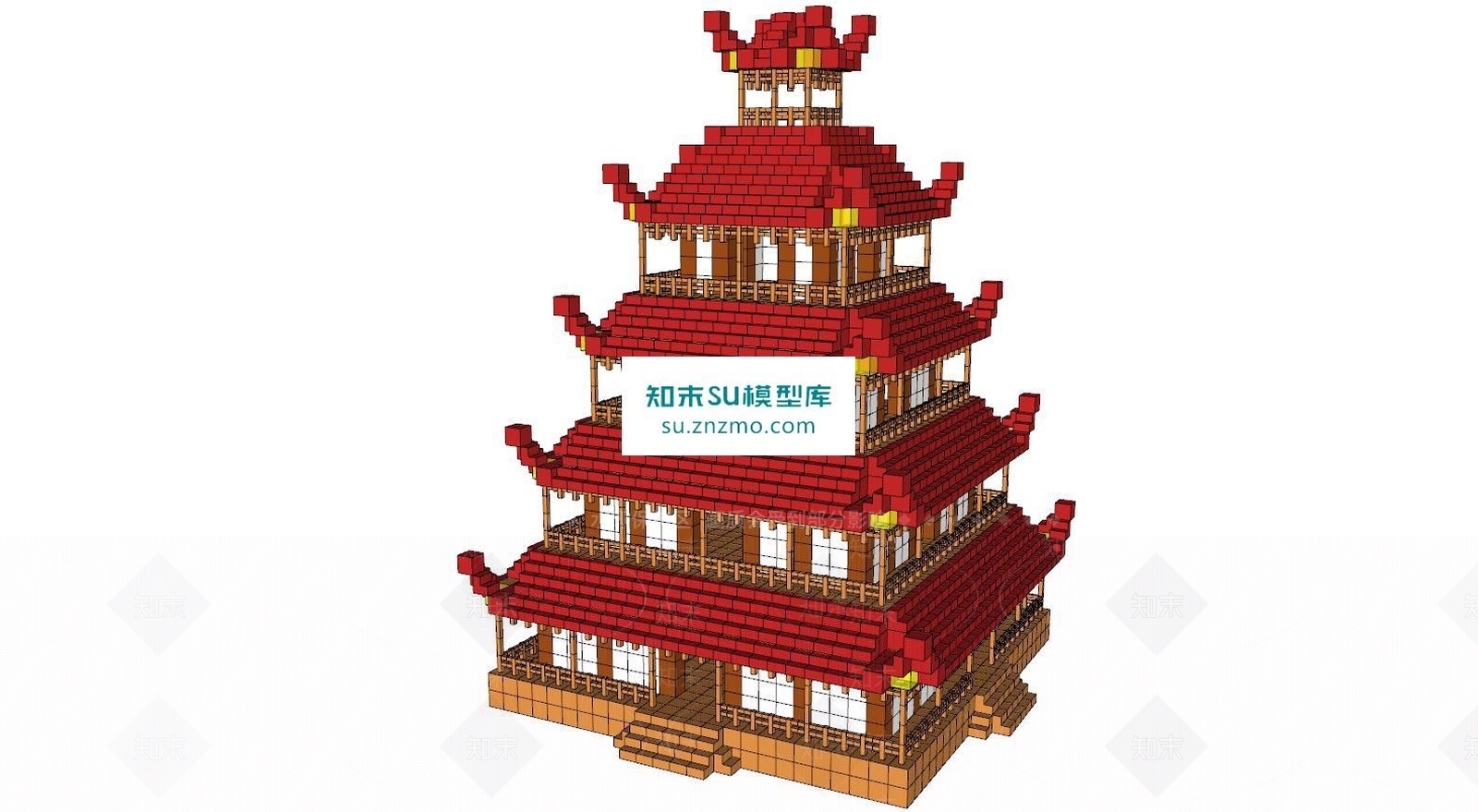 新中式塔楼建筑外观SU模型下载【ID:163183213】