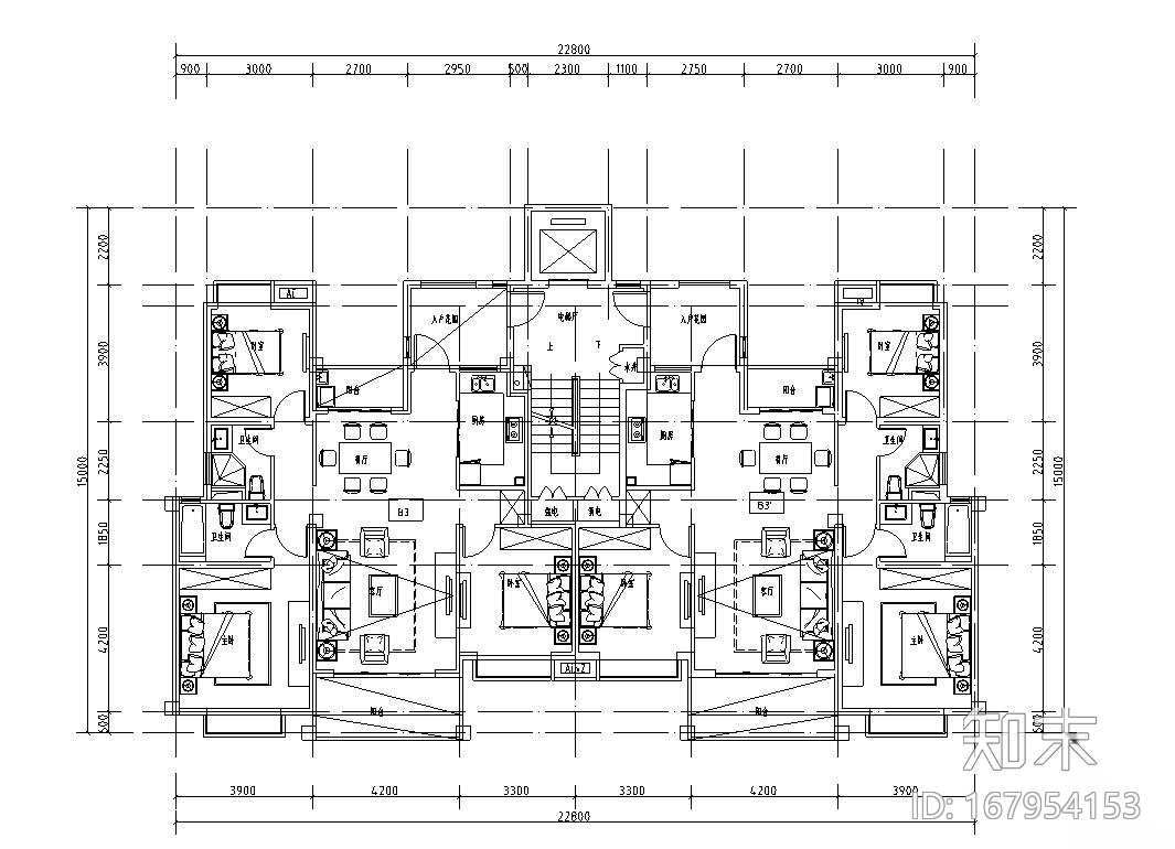 小面宽洋房户型平面图设计施工图下载【ID:167954153】