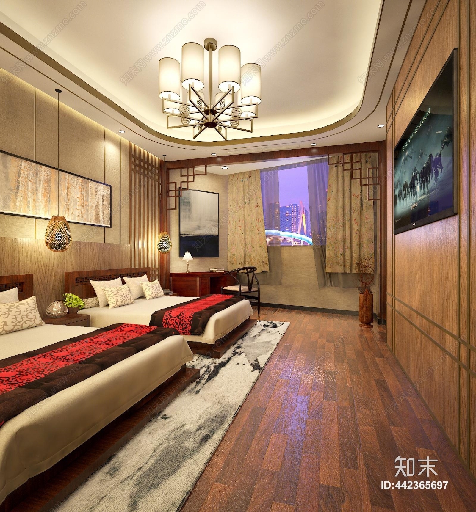 新中式酒店客房3D模型下载【ID:442365697】