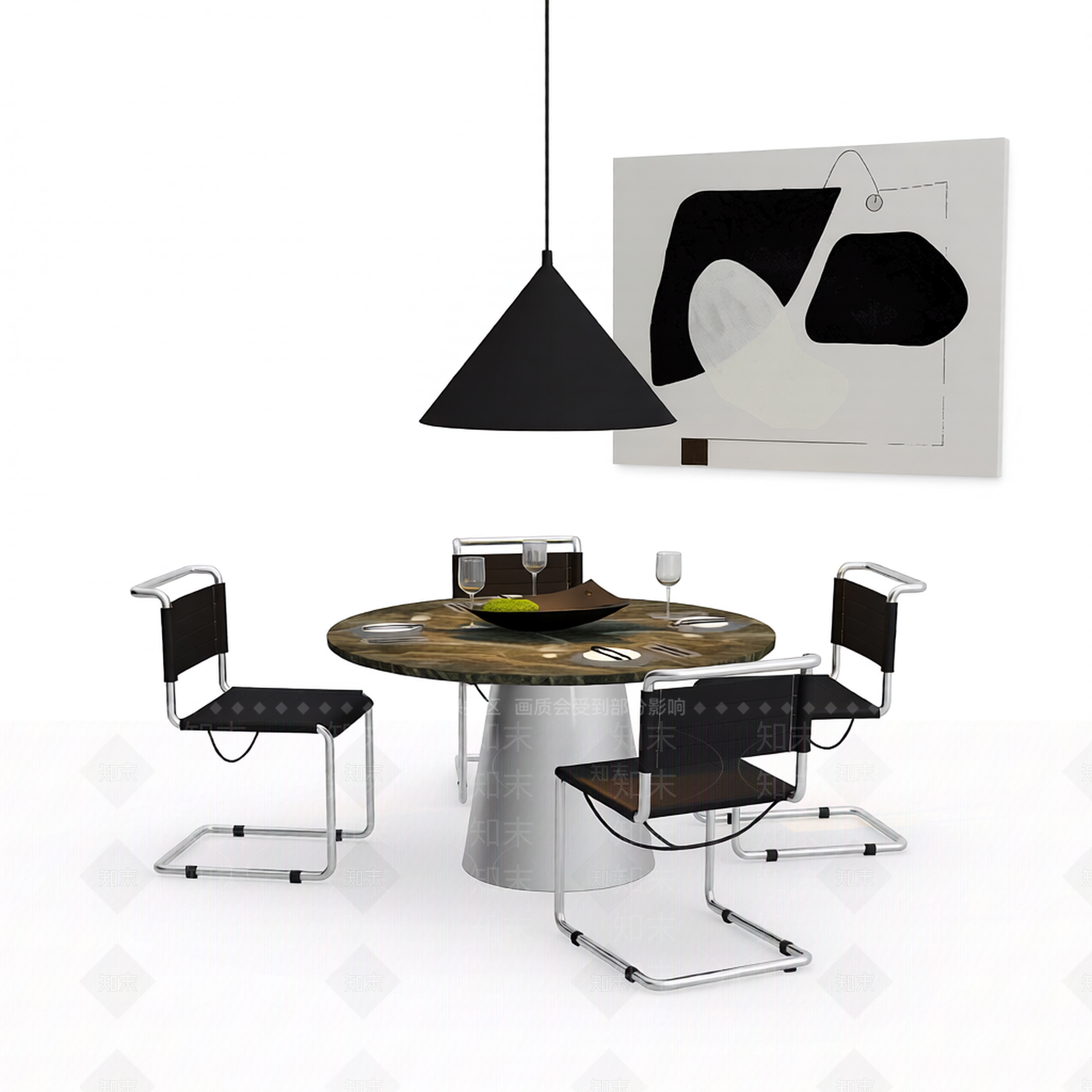 圆形餐桌及配套椅组3D模型下载【ID:1206193809】