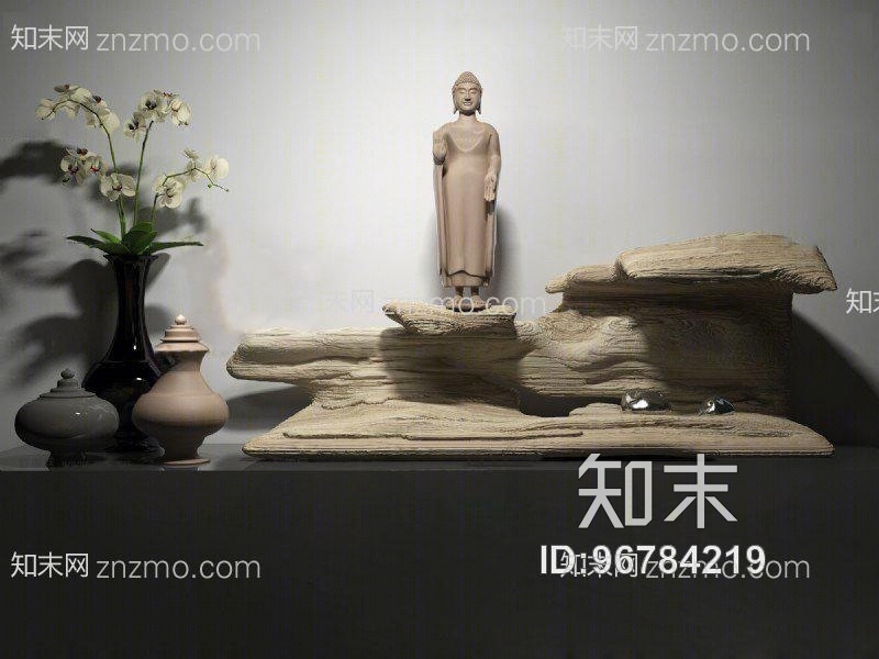 中式朽木摆件花瓶雕塑组合3D模型下载【ID:96784219】