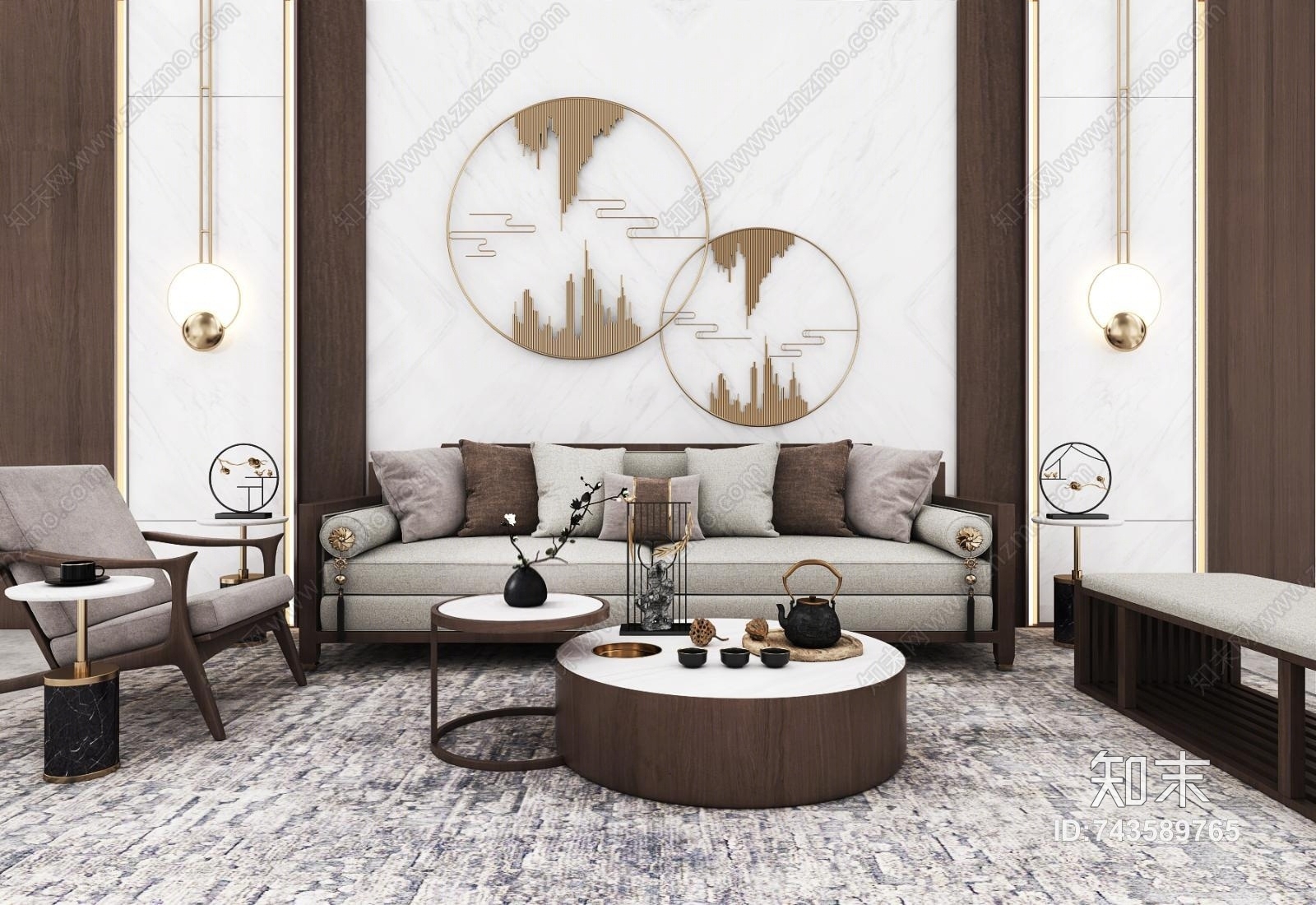 新中式沙发茶几组合3D模型下载【ID:743589765】