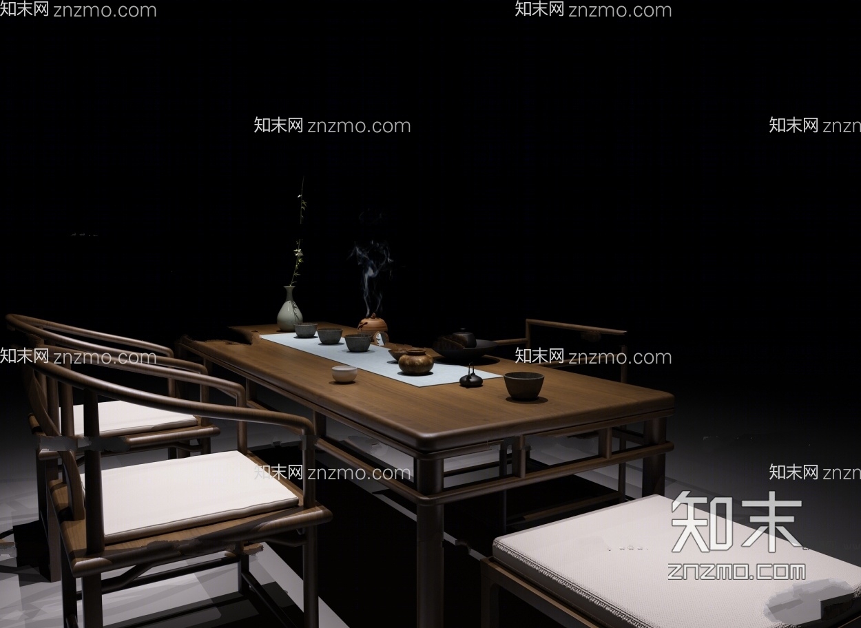 中式茶桌茶具圈椅组合3D模型下载【ID:35451564】