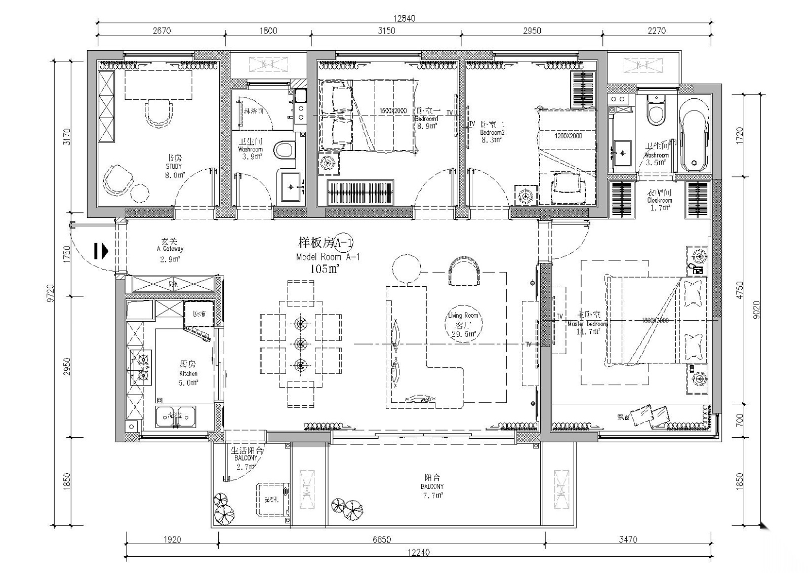 [贵州]宝能105㎡三居室样板间设计施工图施工图下载【ID:160017110】