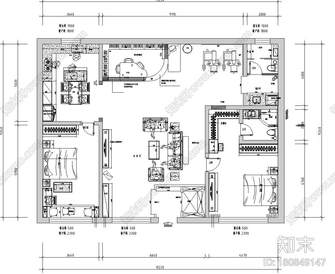 美式风格三室两厅住宅装修施工图设计cad施工图下载【ID:180849147】