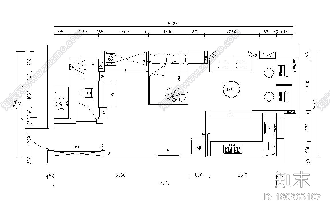 北欧风格公寓一居室住宅装修施工图设计施工图下载【ID:180363107】