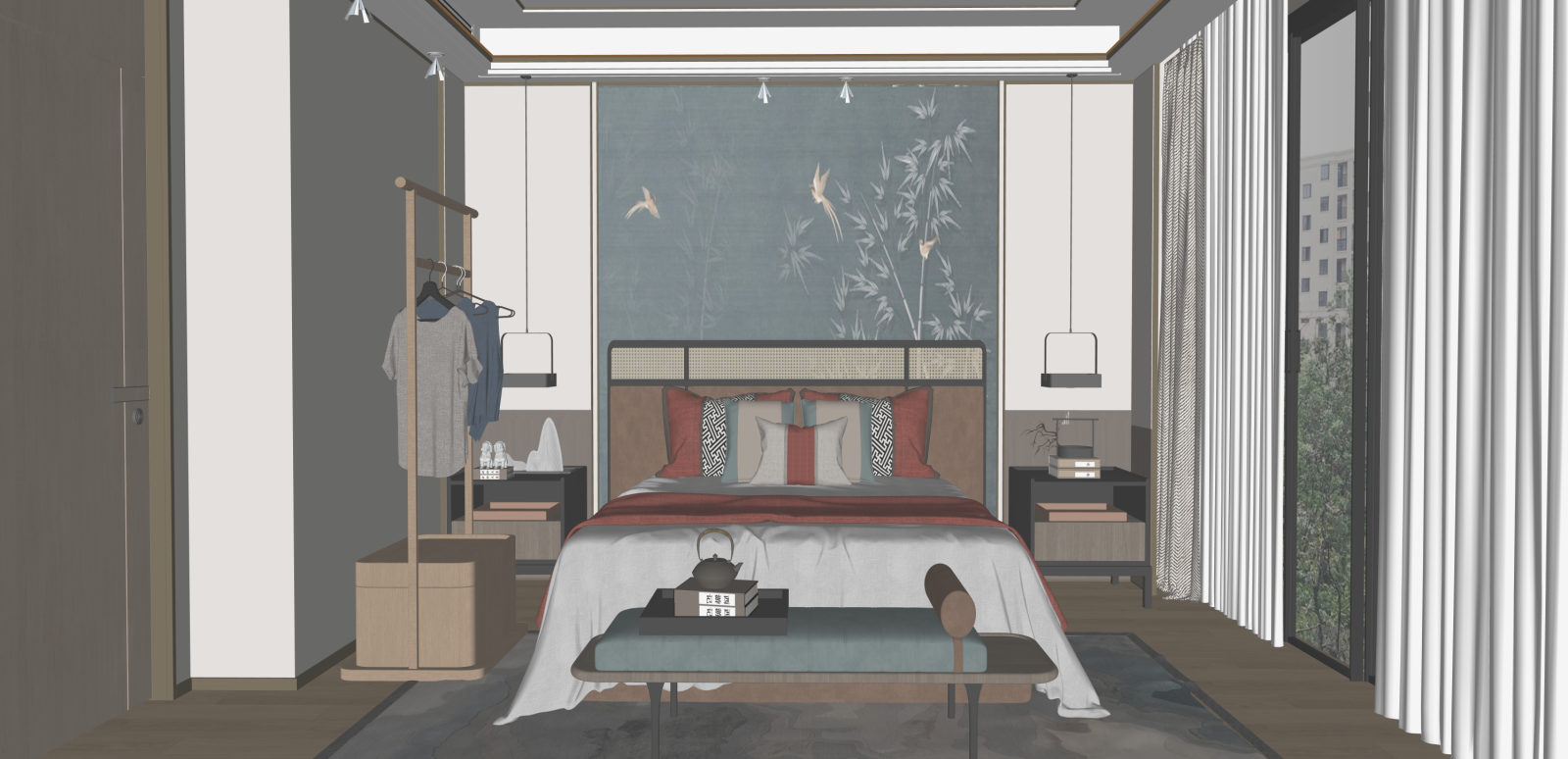 新中式家居卧室SU模型下载【ID:1215942049】