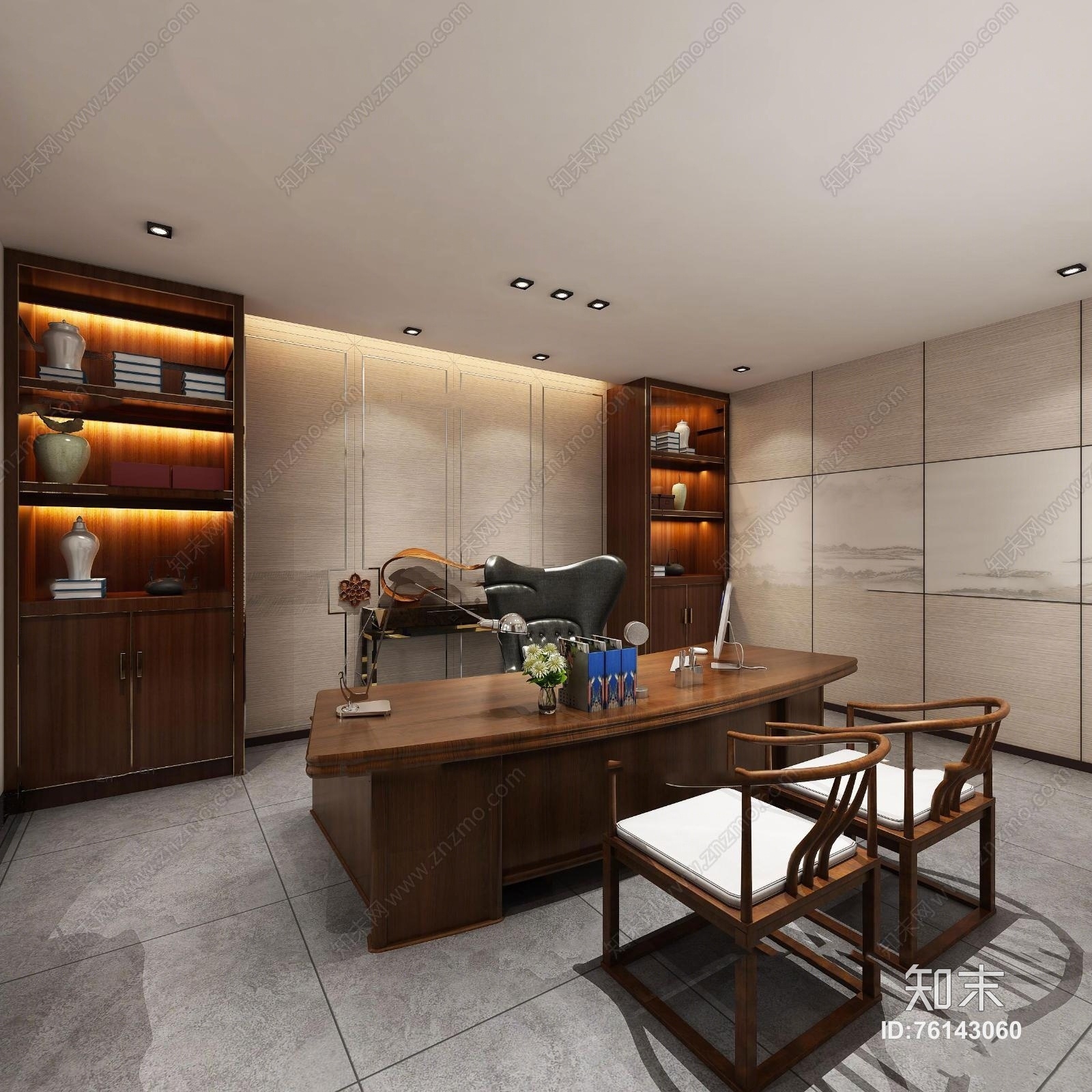 新中式办公室前台接待区3D模型下载【ID:76143060】