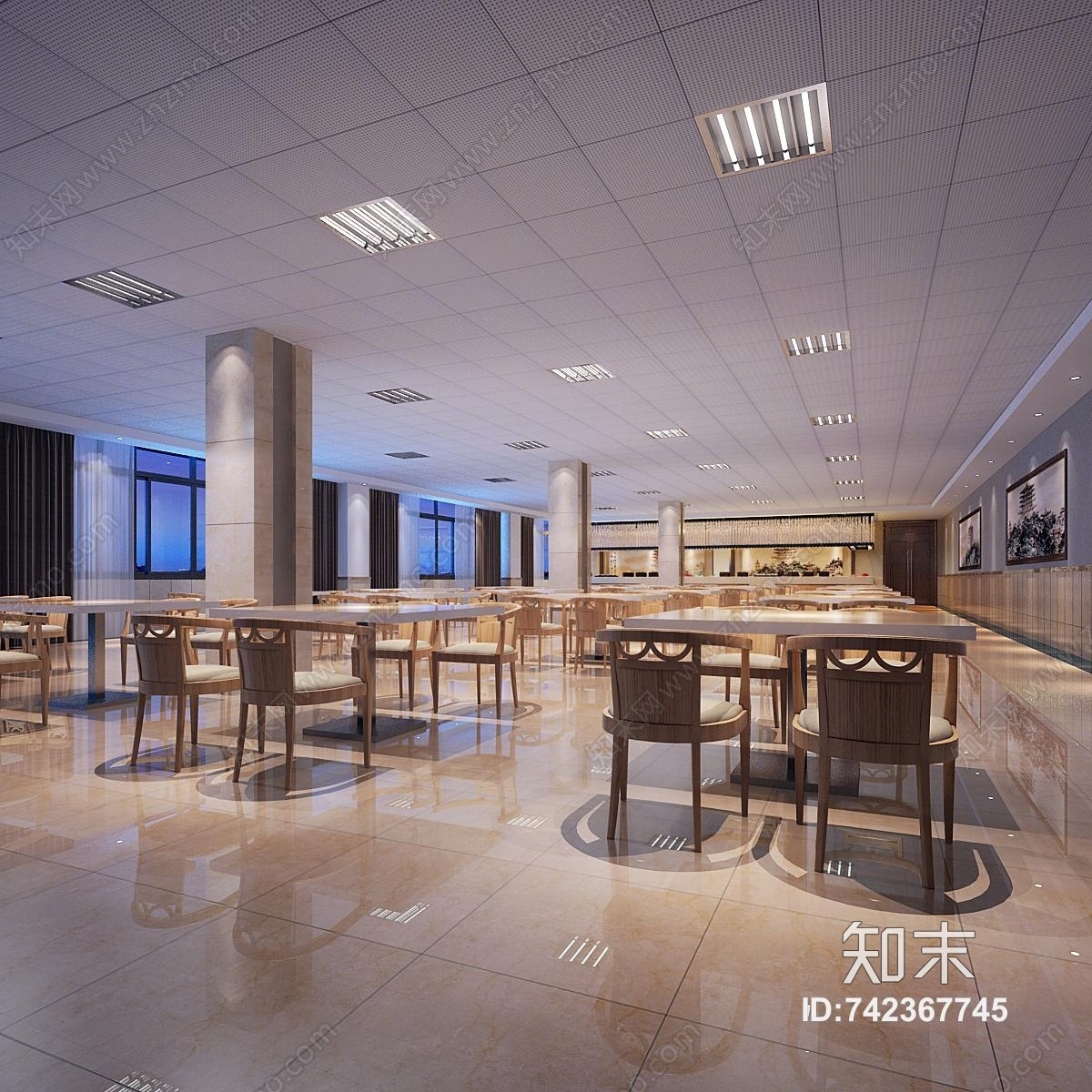 新中式员工食堂3D模型下载【ID:742367745】