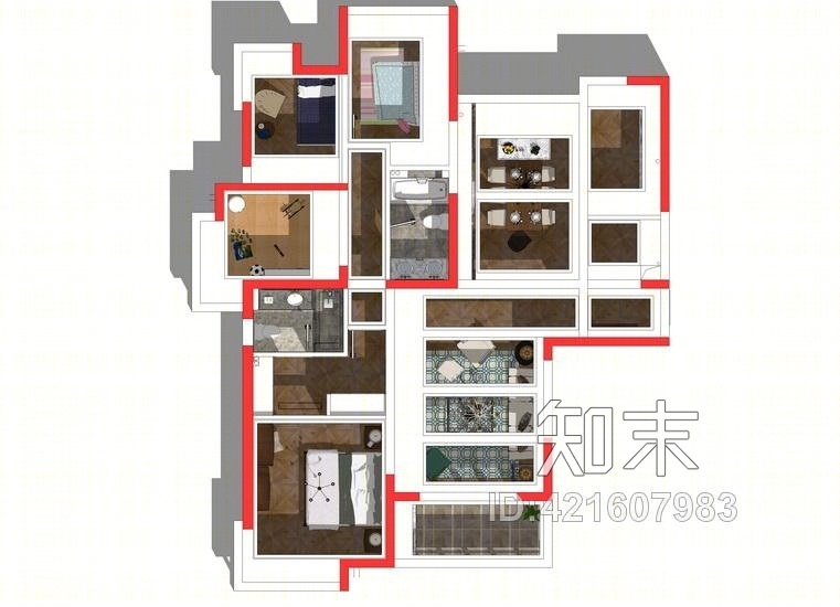 美式风格四房两厅室内设计SU模型下载【ID:421607983】