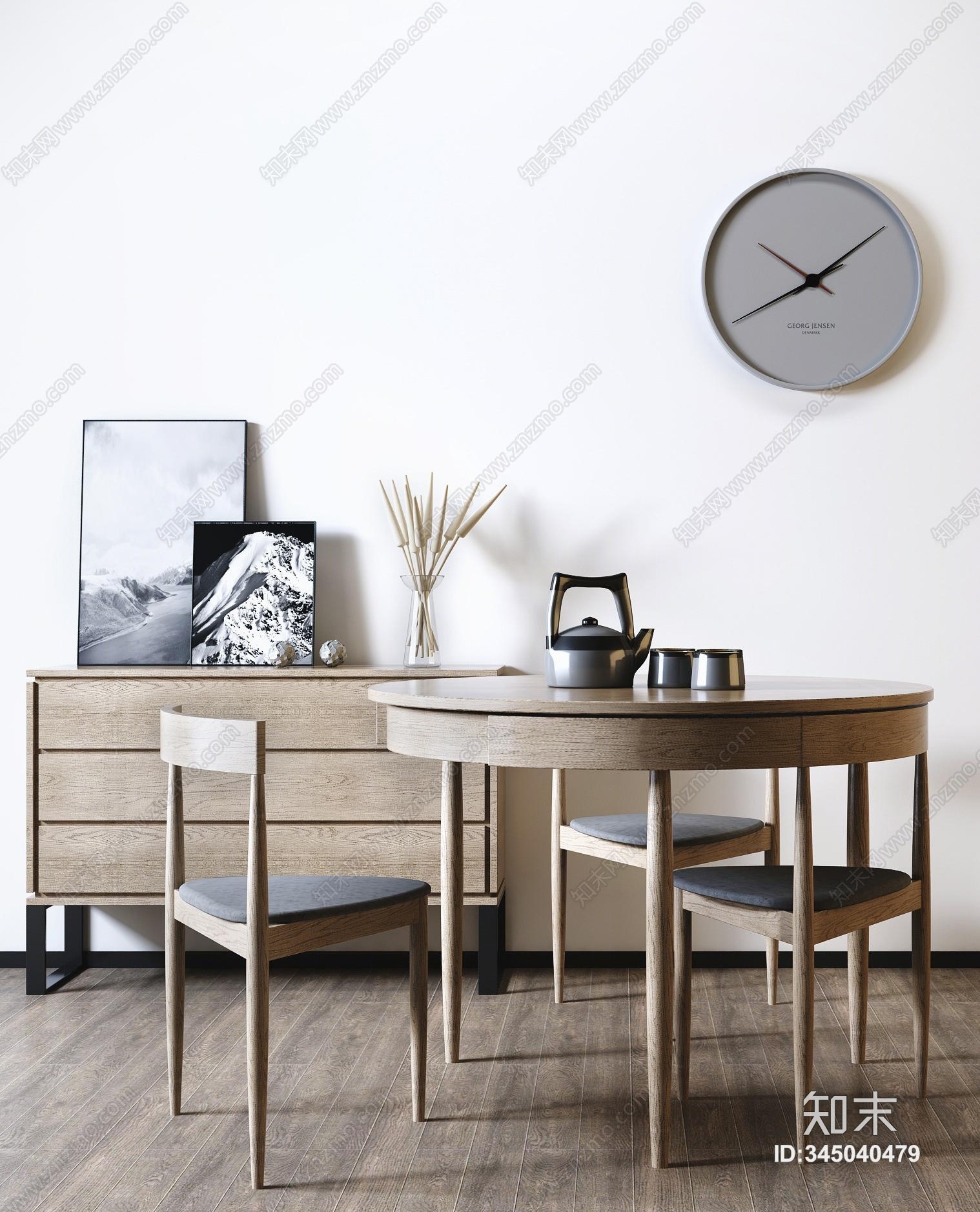 北欧圆形原木餐桌椅组合3D模型下载【ID:345040479】