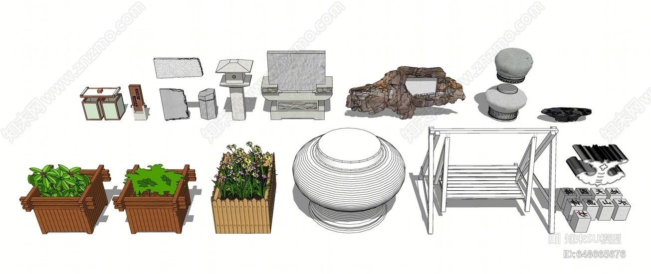 中式小品组合SU模型下载【ID:648665676】