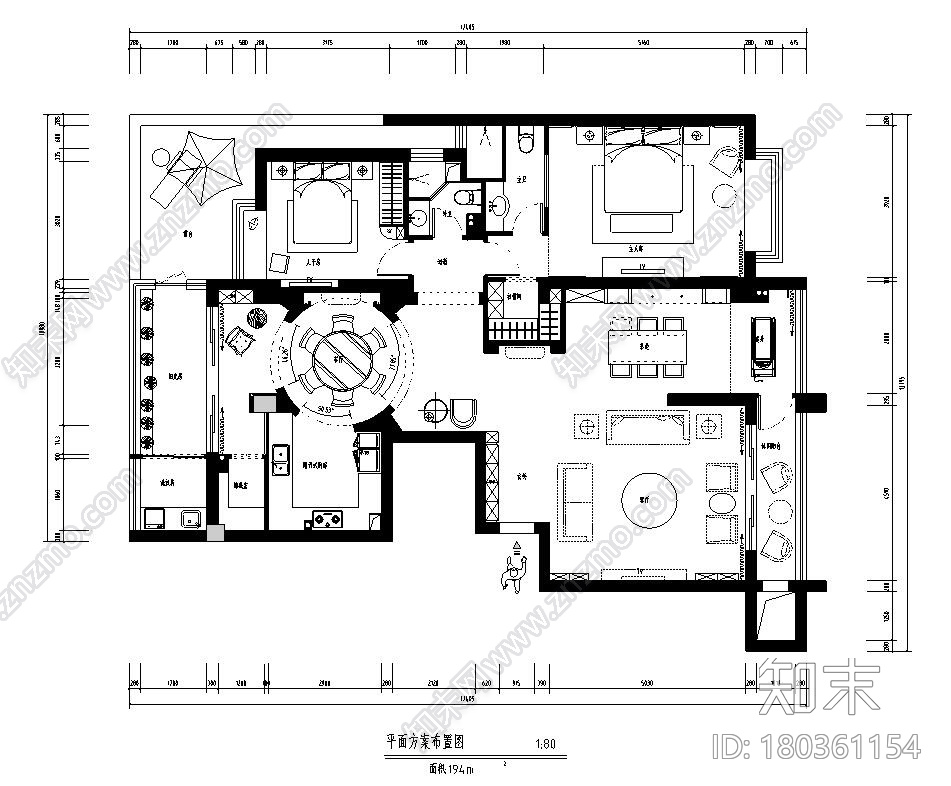 190㎡三居室样板房装修施工图设计施工图下载【ID:180361154】