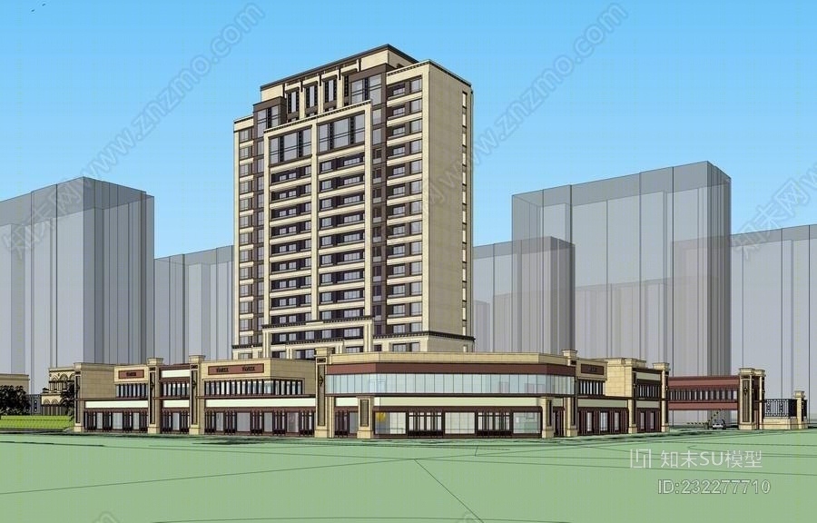 新亚洲风格沿街商业+中高层住宅SU模型下载【ID:232277710】
