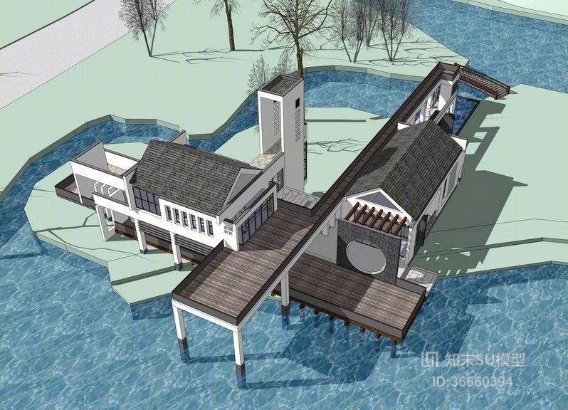 中式湖边建筑SU模型下载【ID:36660394】