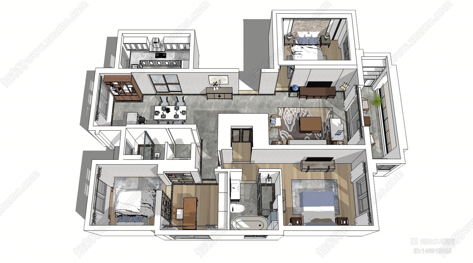 新中式风格三房一厅室内客厅SU模型下载【ID:146915053】