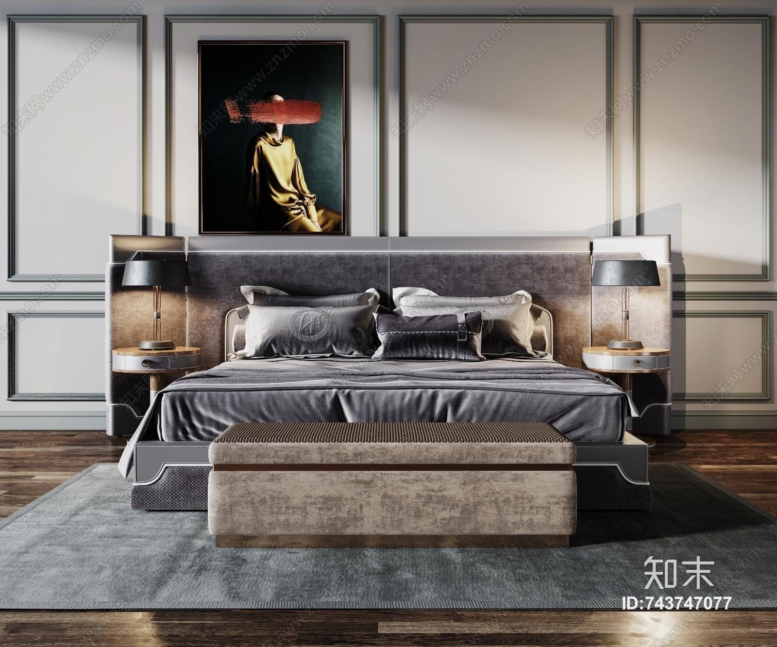 现代双人床3D模型下载【ID:743747077】_知末3d模型网