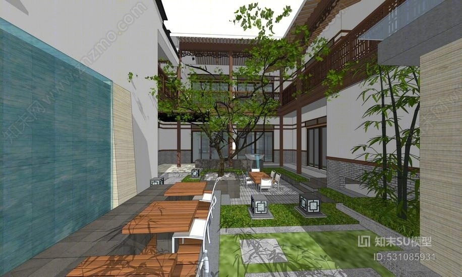 中式庭院景观SU模型下载【ID:531085931】