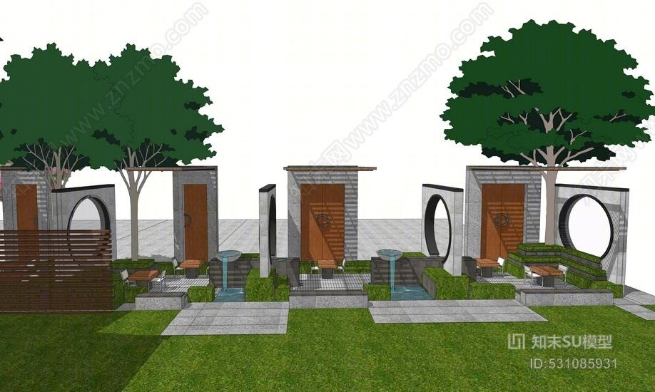 中式庭院景观SU模型下载【ID:531085931】