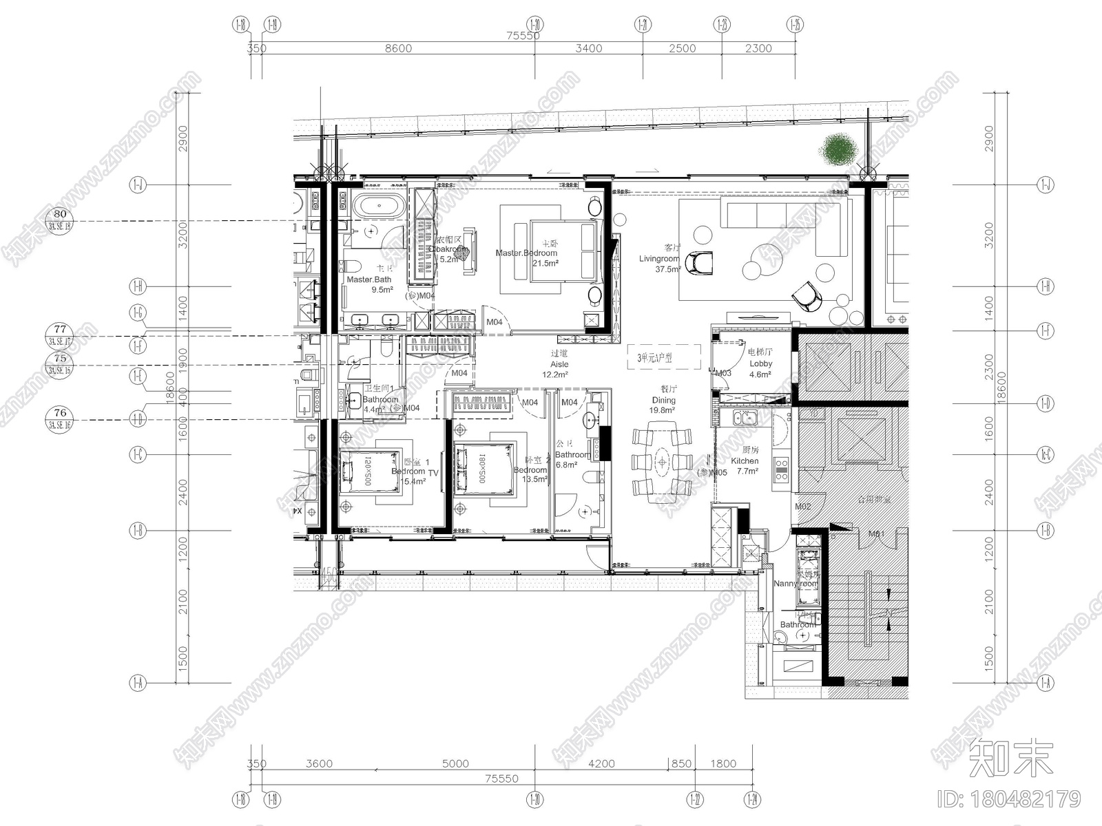 [深圳]219㎡现代三居家装样板间装修施工图cad施工图下载【ID:180482179】