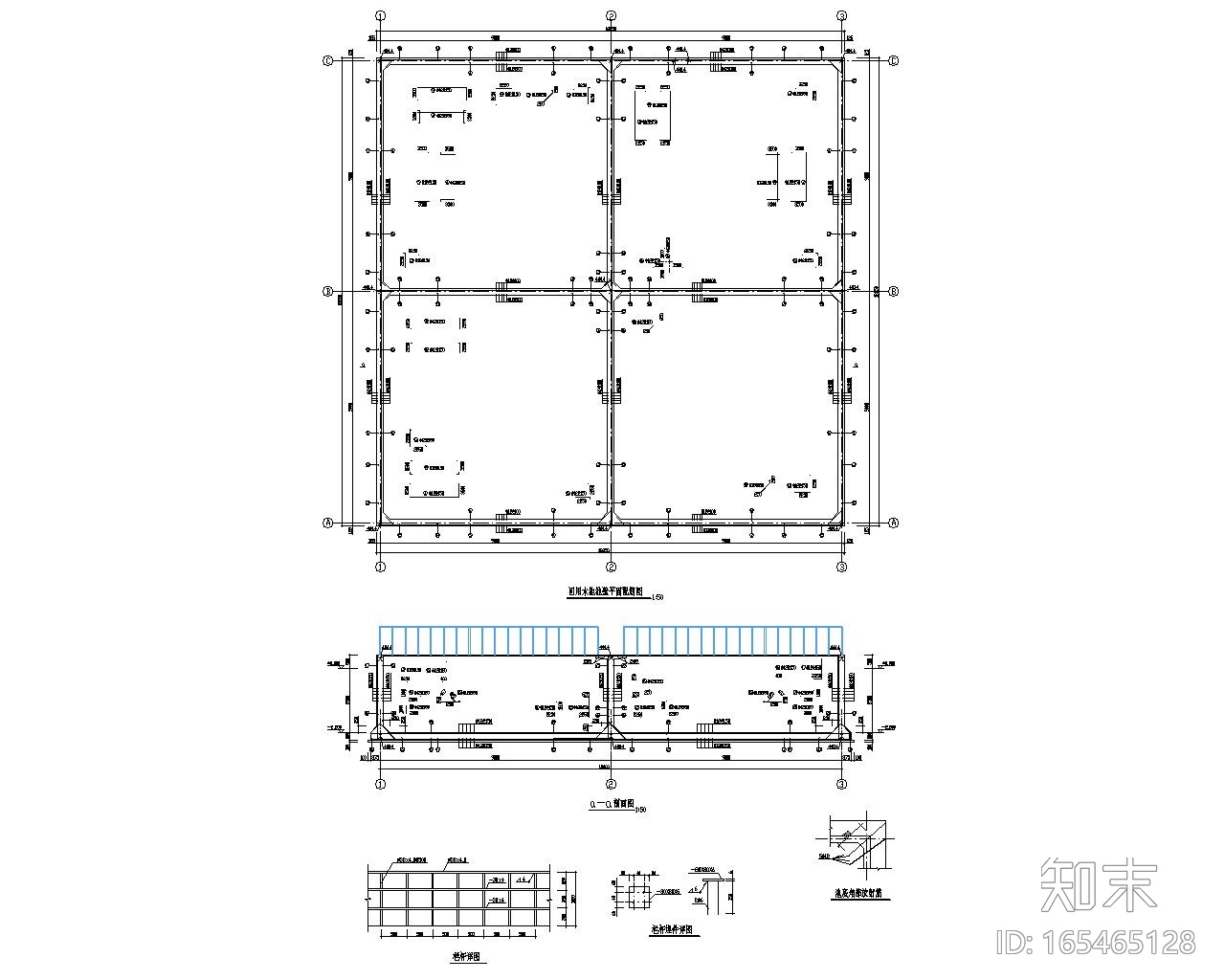 某田字布置回用水池施工图（CAD）施工图下载【ID:165465128】