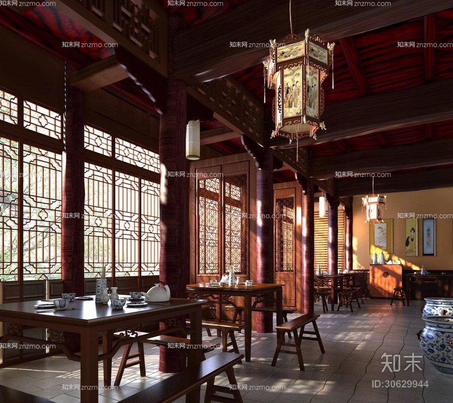 传统中式棕色木艺餐桌椅组合3D模型下载【ID:30629944】