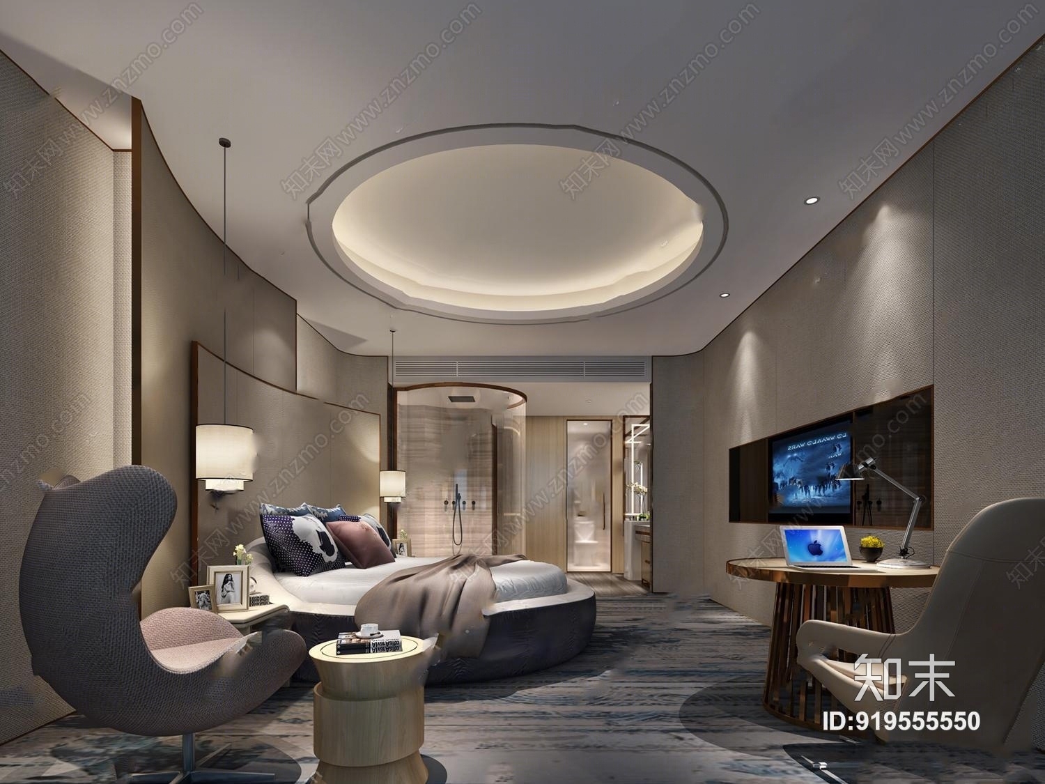 现代酒店客房圆床房3D模型下载【ID:919555550】