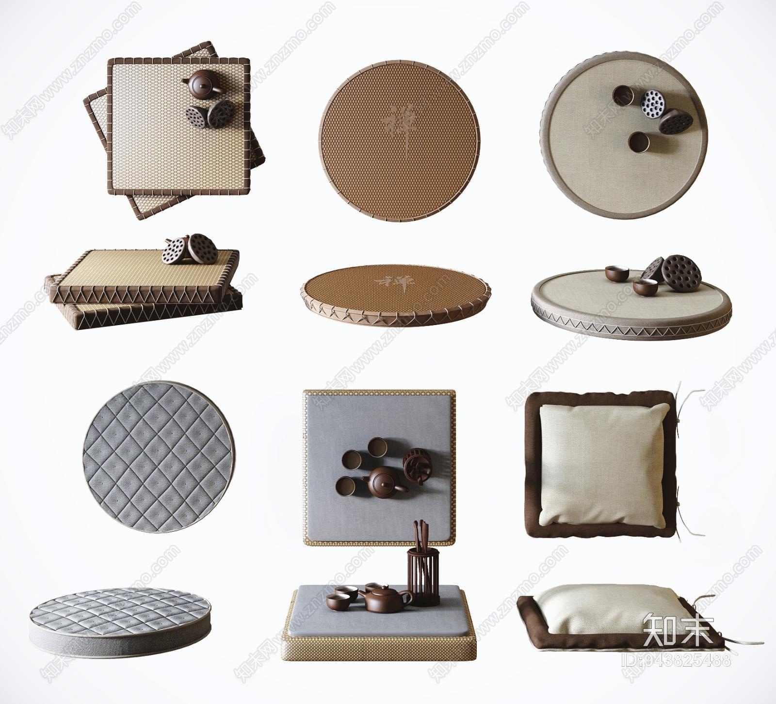 新中式禅意蒲团坐垫3D模型下载【ID:943825488】