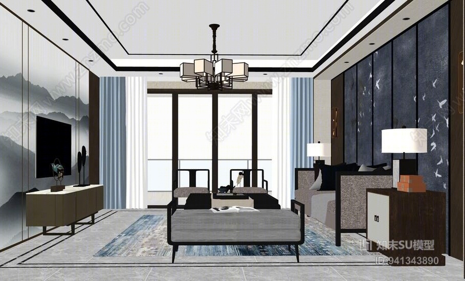 中式客厅室内设计SU模型下载【ID:941343890】