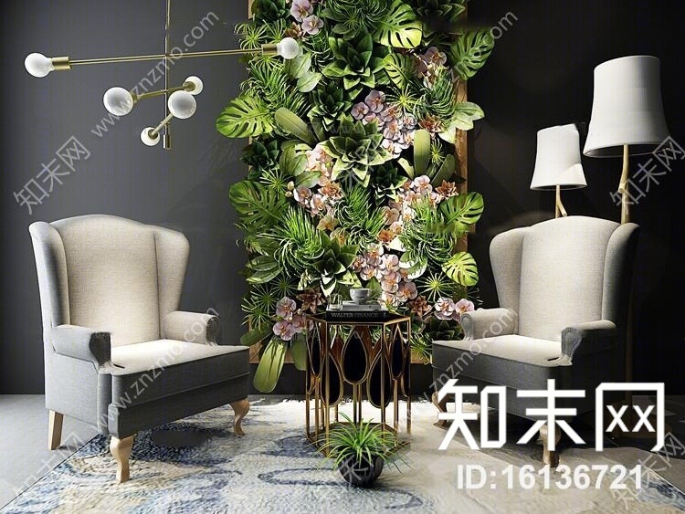 现代布艺休闲沙发茶几植物挂画吊灯3D模型下载【ID:16136721】