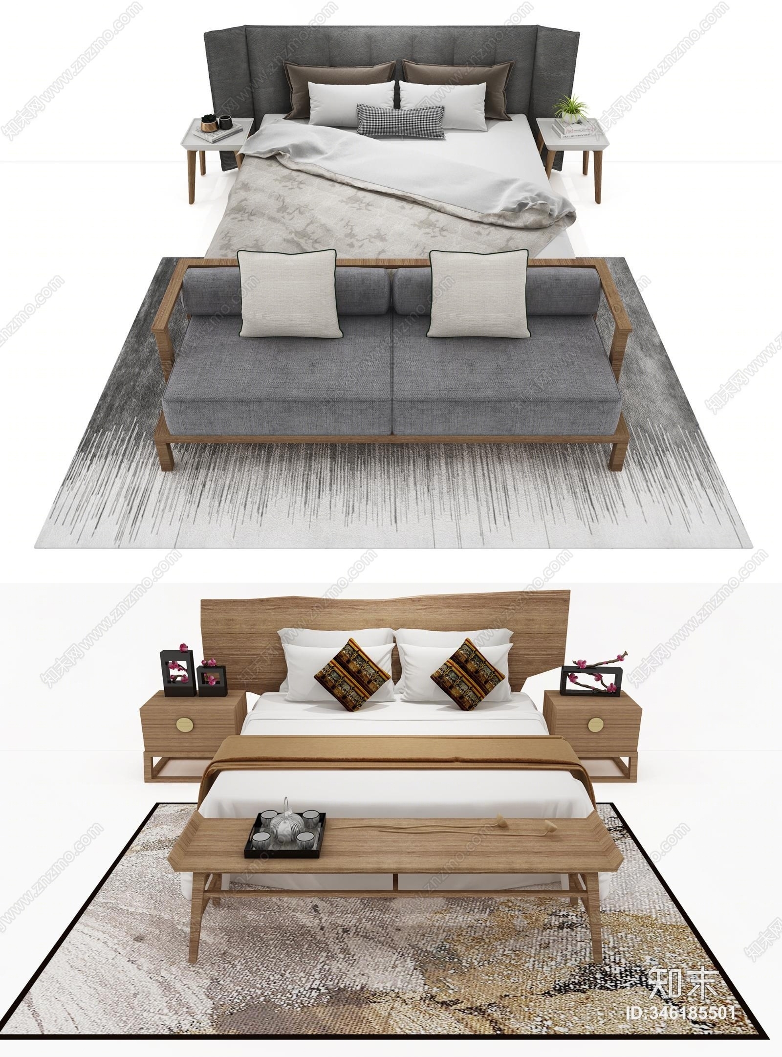 现代床具组合3D模型下载【ID:346185501】