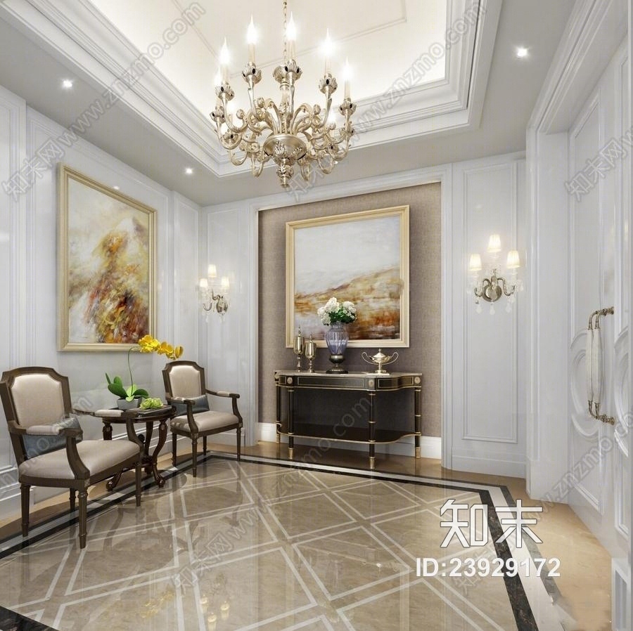 欧式玄关过道单椅边几吊灯组合3D模型下载【ID:23929172】