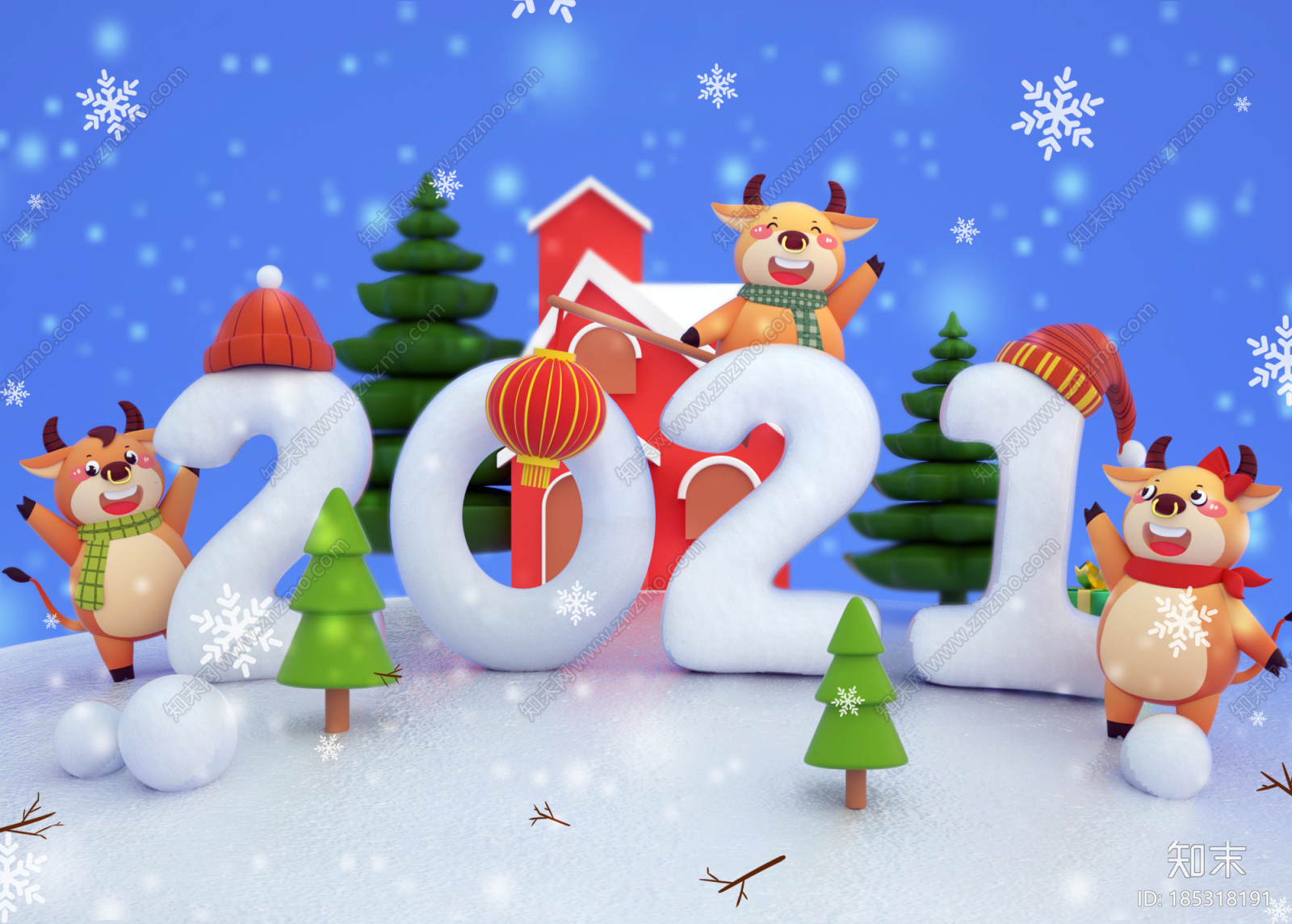 2021牛年创意雪景C4DCG模型下载【ID:185318191】