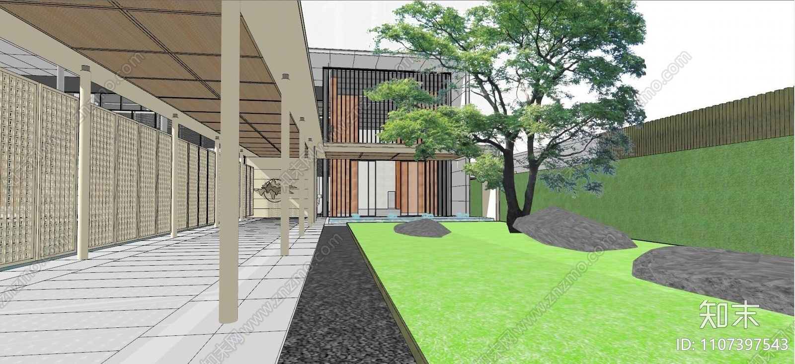 新中式售楼部外观SU模型下载【ID:1107397543】