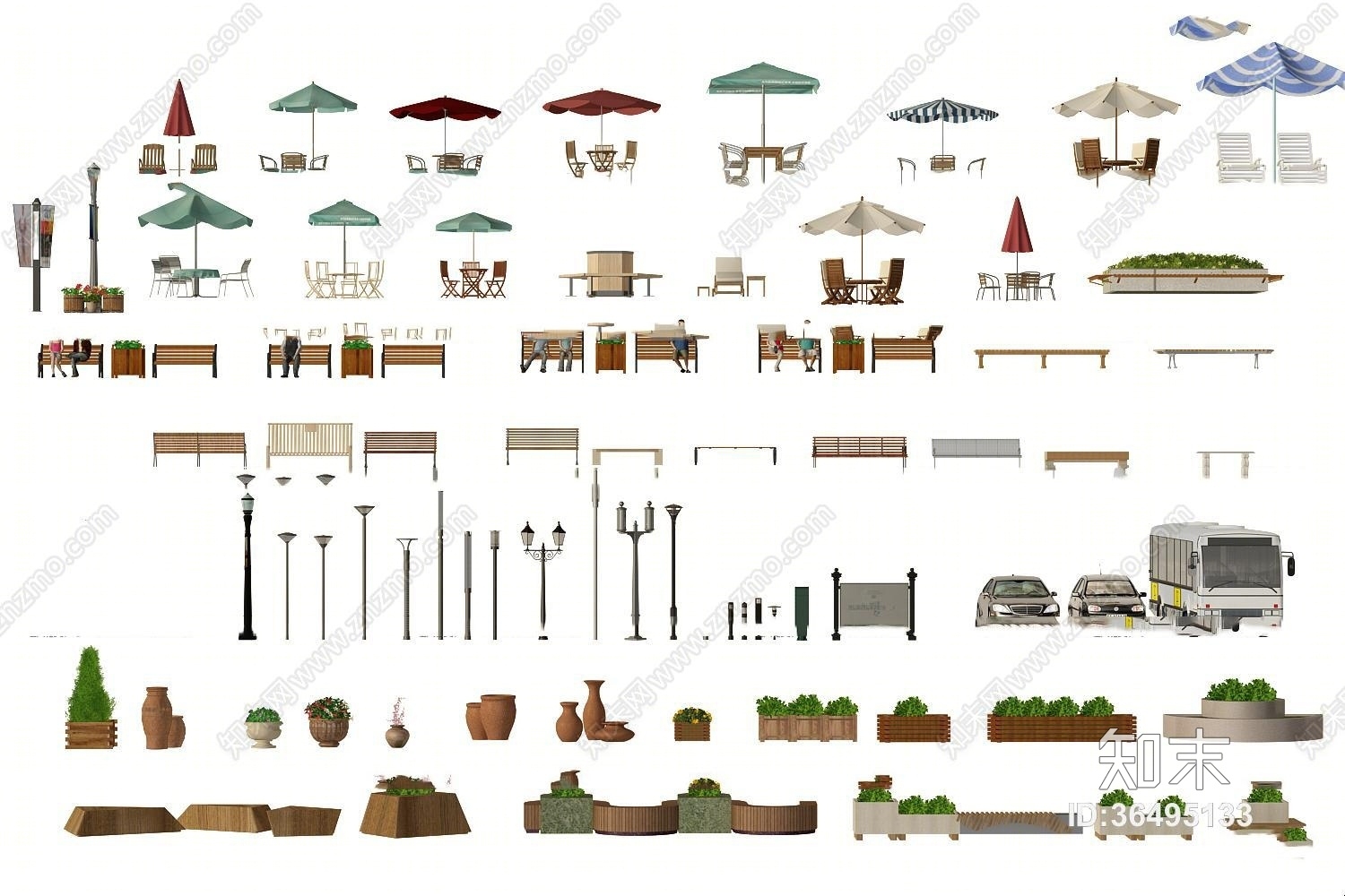 现代户外椅遮阳伞桌椅路灯盆栽组合3D模型下载【ID:36495133】